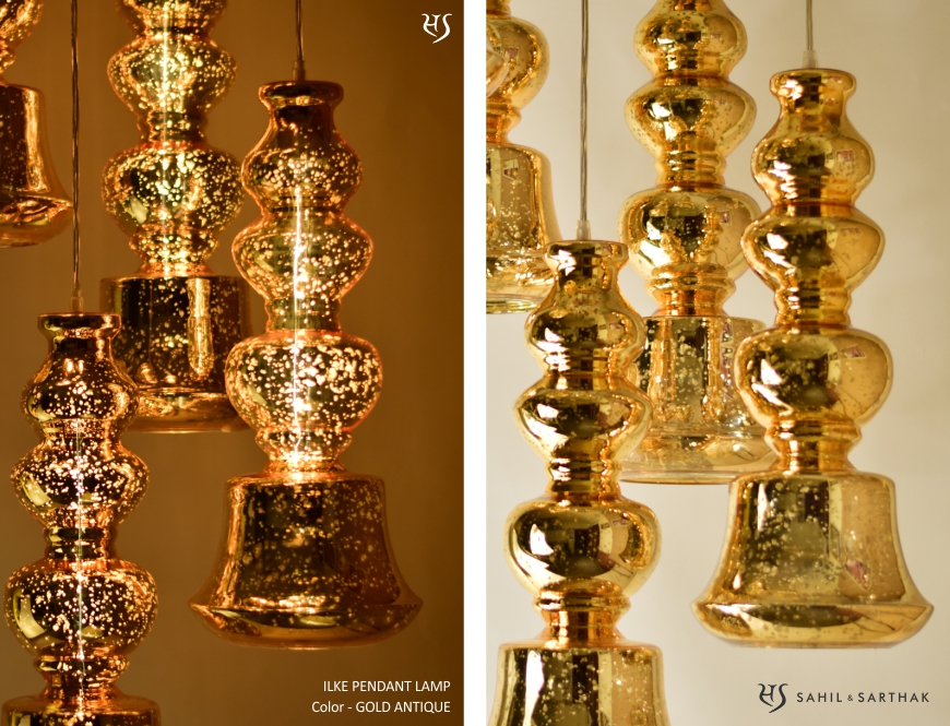 Ilke Pendant Lamp in Gold Antique Blown Glass by Sahil & Sarthak